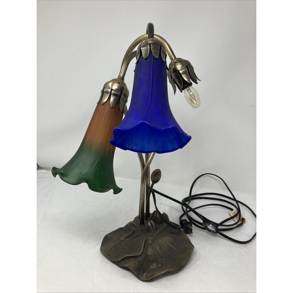 VTG Art Nouveau Style 3-Light Lily Pad Table Lamp MISSING 1 Glass Shade 16"